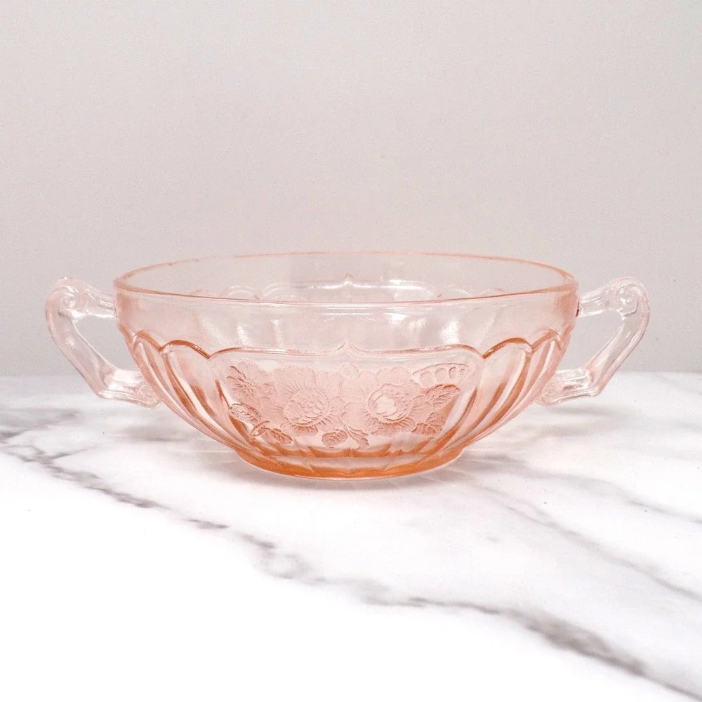 Vintage Anchor Hocking Mayfair Pink Open Rose Cream Soup Bowl (1930s)